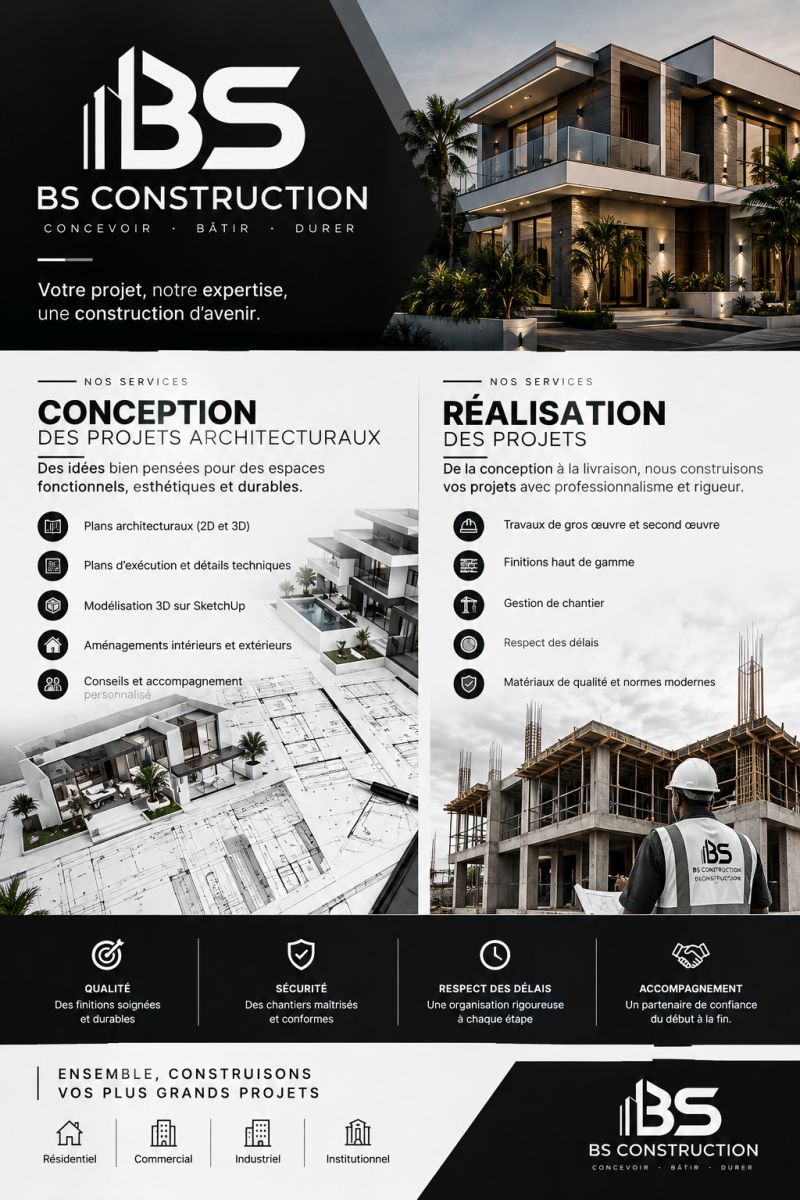Voici une identité visuelle de BS CONSTRUCTION RDC