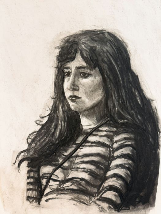 Jeune femme au pull rayé — Crayon